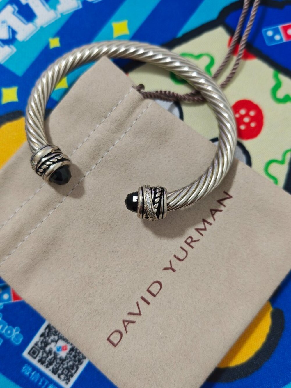 Sterling Silver Cable Cuff Bracelet, Black Onyx Stone Ends with CZ Accent